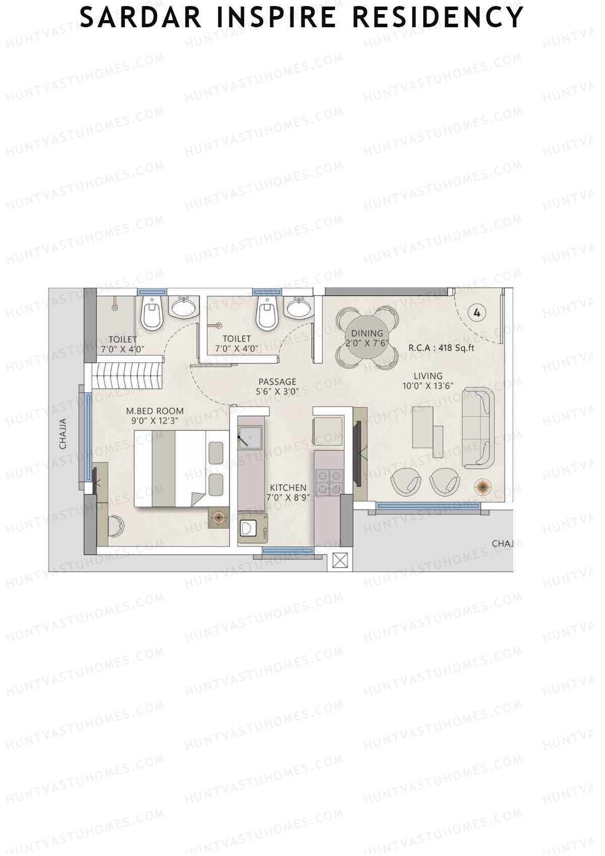 Sardar Inspire Residency, Wing C, Unit 4, 1BHK, Carpet Area 418   sq ft 