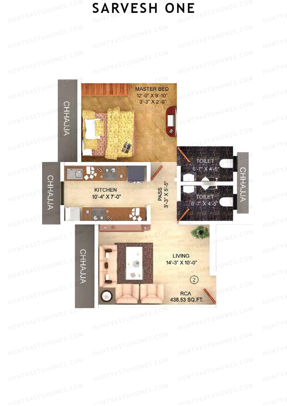 Sarvesh One, Tower One, Unit 2, 1BHK, Carpet Area 438   sq ft 