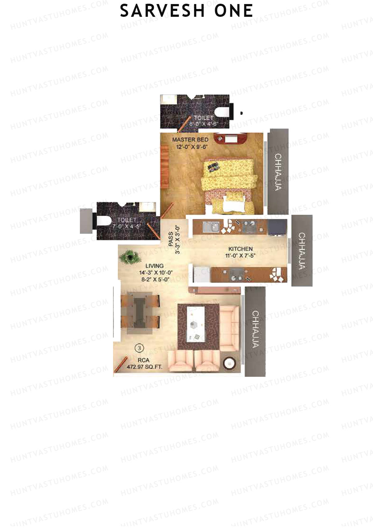 Sarvesh One, Tower One, Unit 3, 1BHK, Carpet Area 472   sq ft 