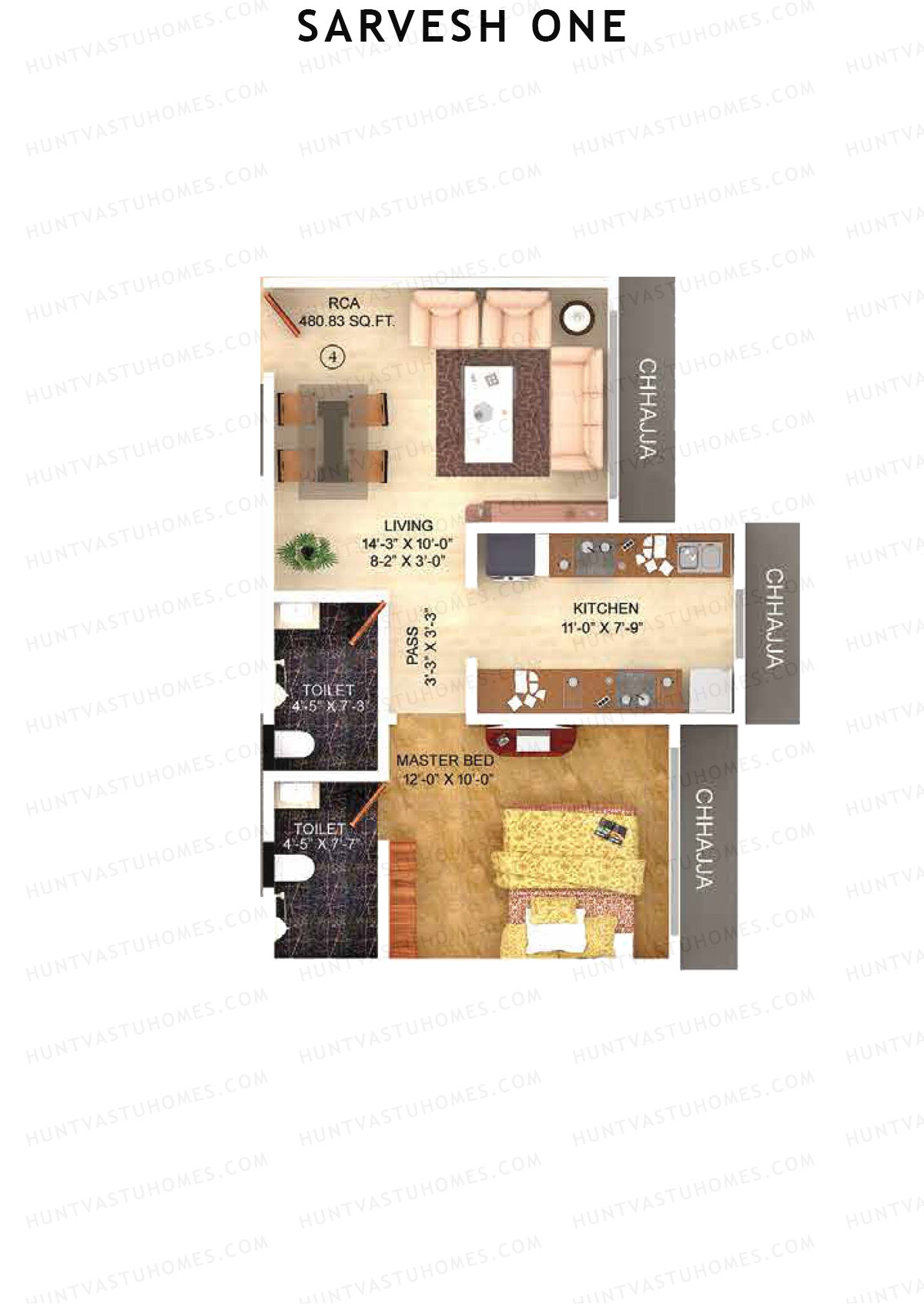 Sarvesh One, Tower One, Unit 4, 1BHK, Carpet Area 480   sq ft 