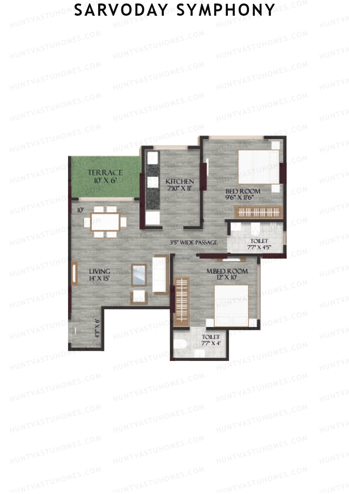 Sarvoday Symphony, Wing A, Unit 1, 2BHK, Carpet Area 611   sq ft 