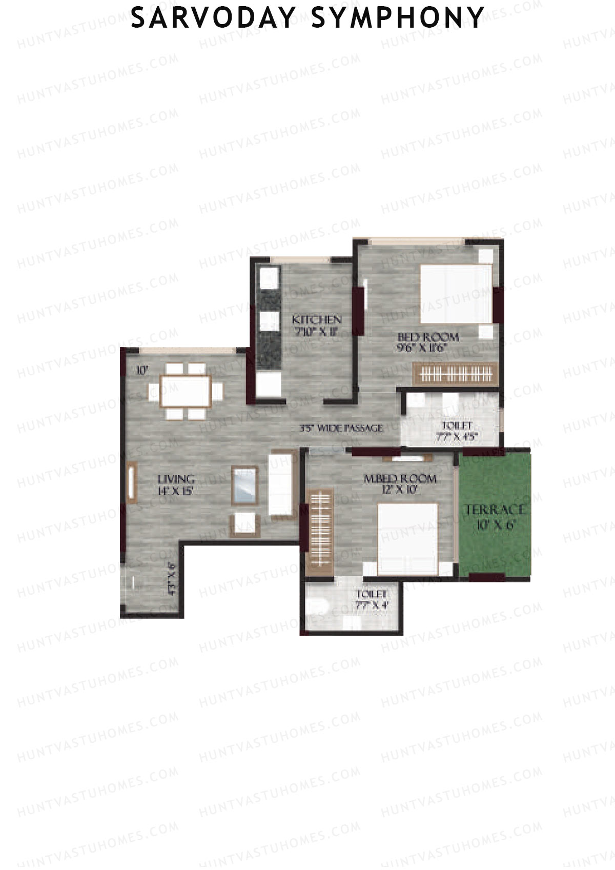 Sarvoday Symphony, Wing A, Unit 1, 2BHK, Carpet Area 611   sq ft 