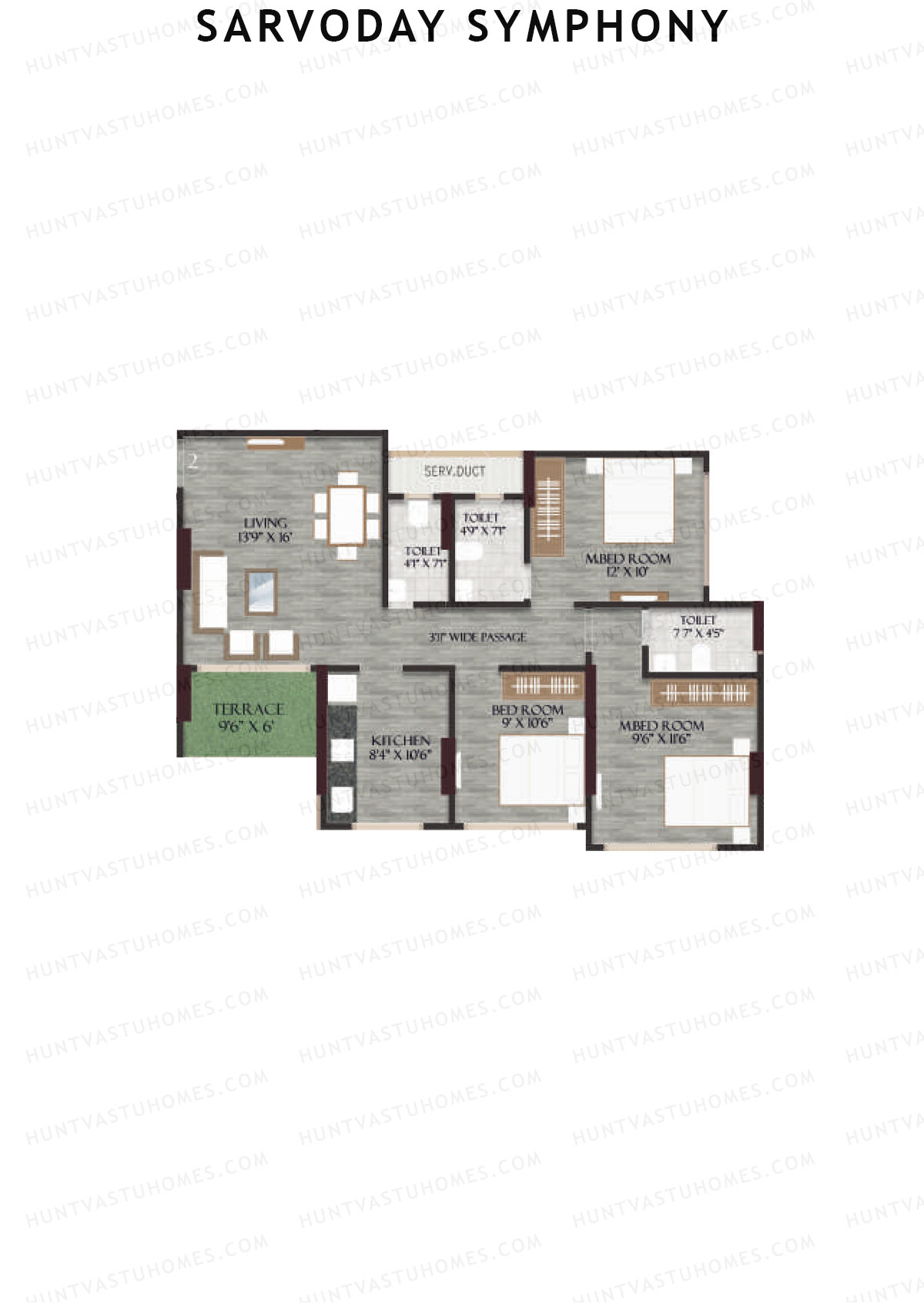 Sarvoday Symphony, Wing A, Unit 2, 3BHK, Carpet Area 795   sq ft 