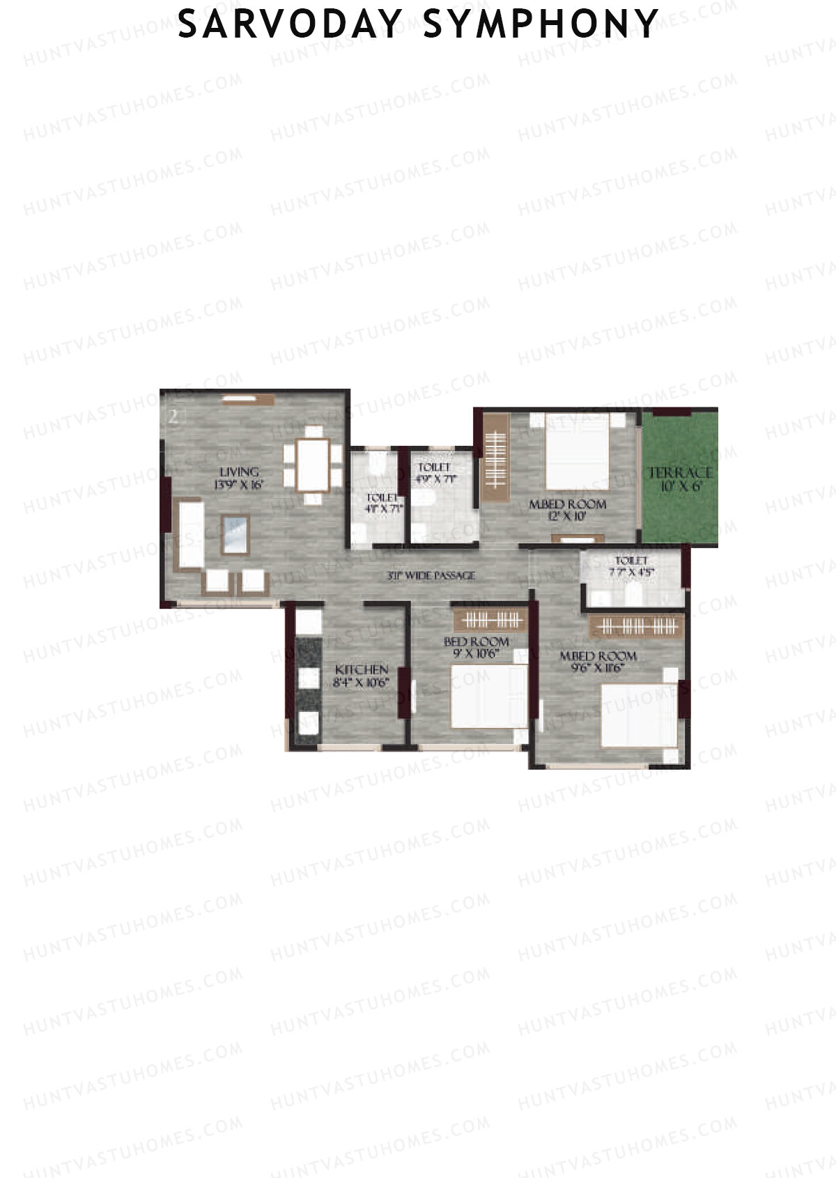 Sarvoday Symphony, Wing A, Unit 2, 3BHK, Carpet Area 795   sq ft 