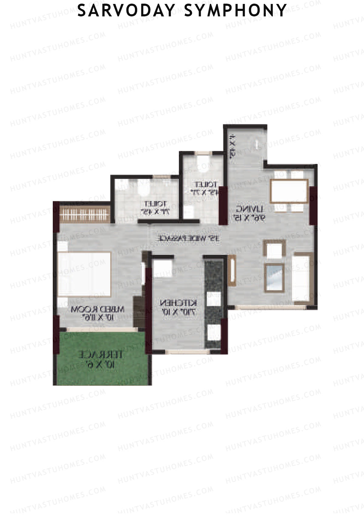 Sarvoday Symphony, Wing A, Unit 3, 1BHK, Carpet Area 462   sq ft 
