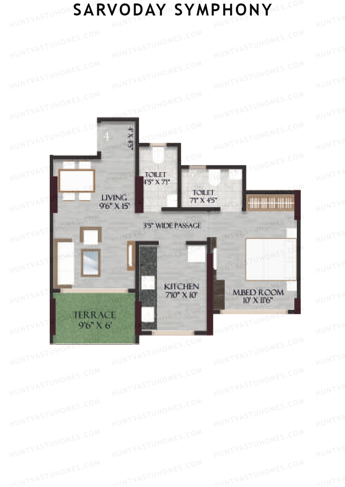 Sarvoday Symphony, Wing A, Unit 4, 1BHK, Carpet Area 462   sq ft 