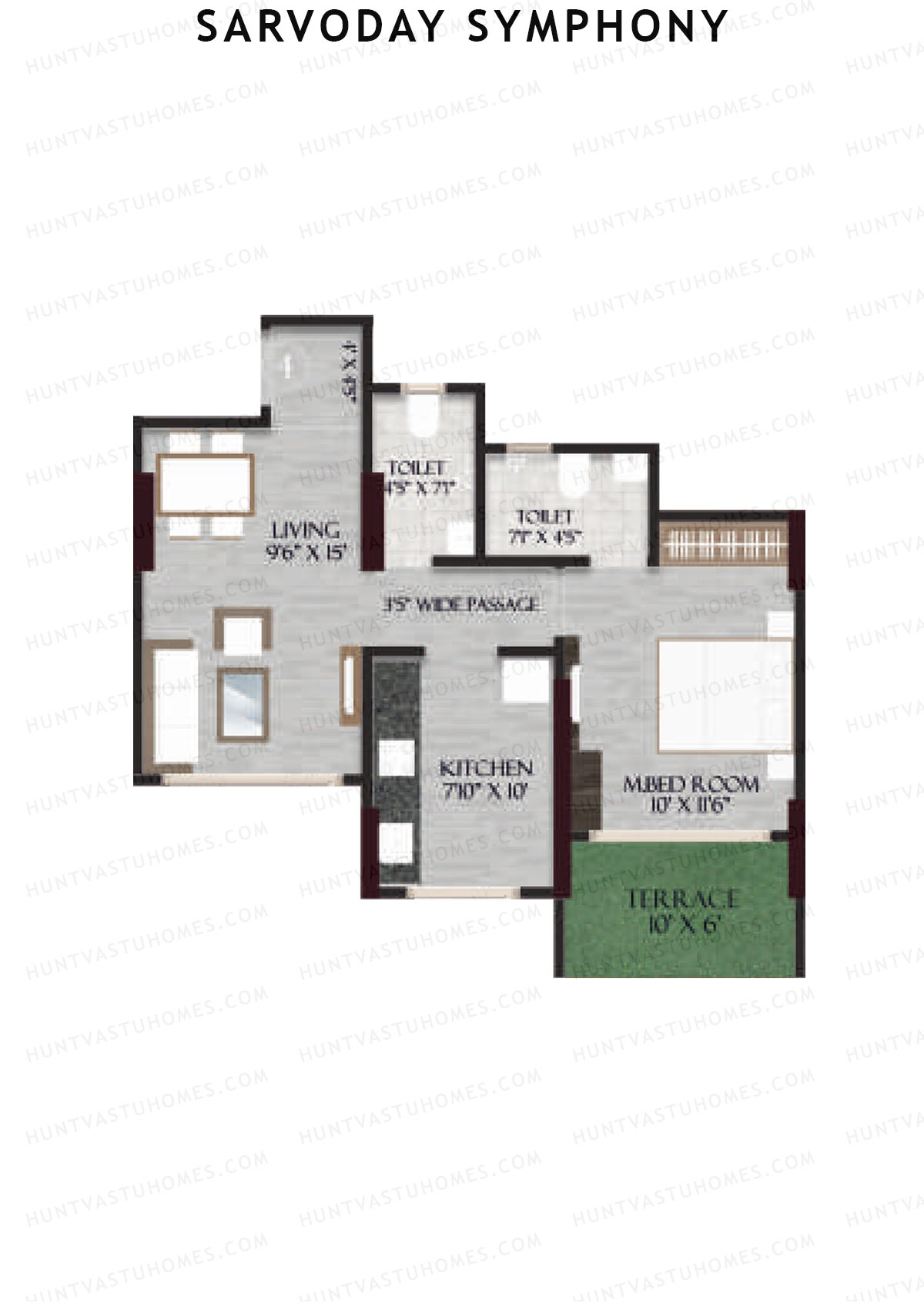 Sarvoday Symphony, Wing A, Unit 4, 1BHK, Carpet Area 462   sq ft 