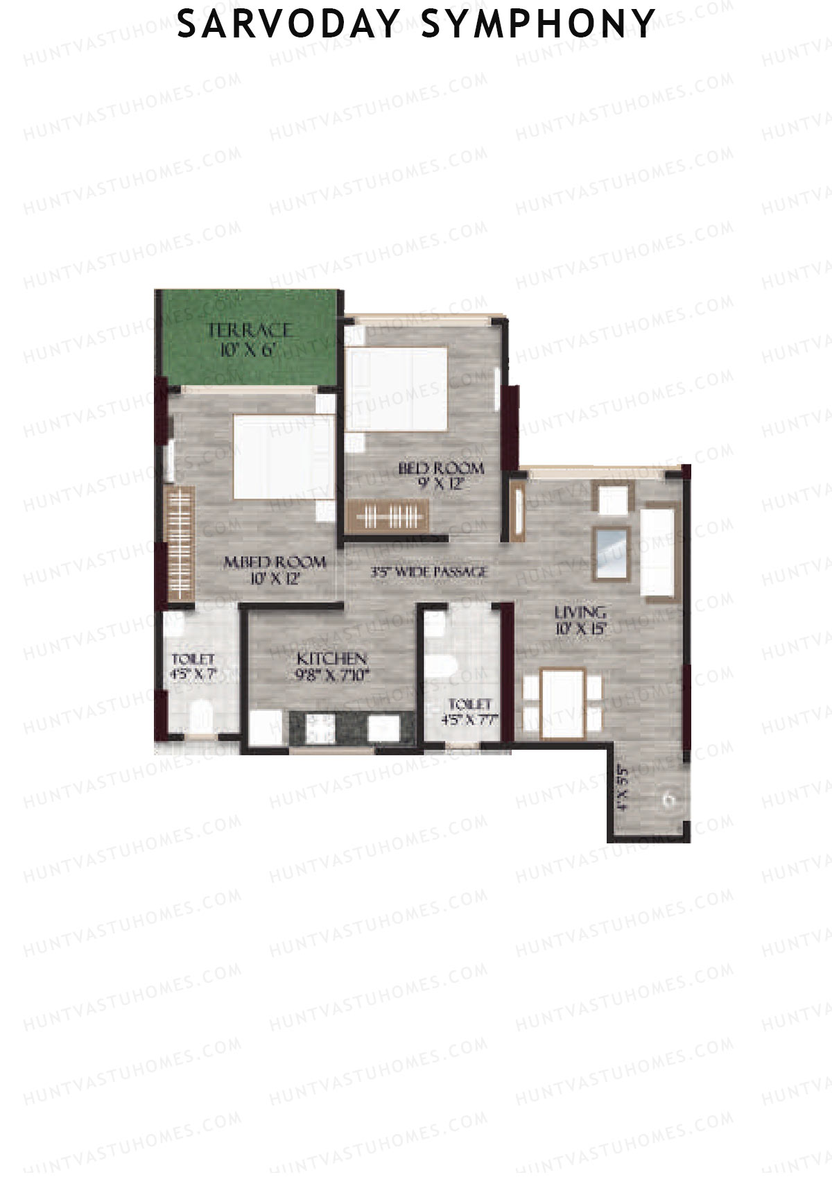 Sarvoday Symphony, Wing A, Unit 6, 2BHK, Carpet Area 547   sq ft 
