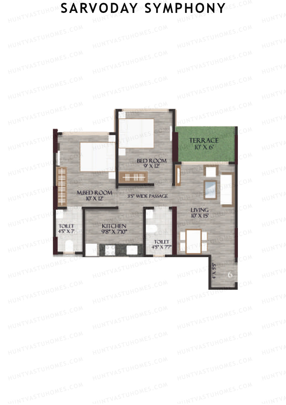 Sarvoday Symphony, Wing A, Unit 6, 2BHK, Carpet Area 550   sq ft 