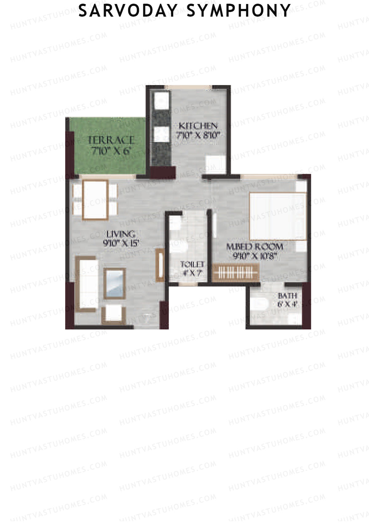 Sarvoday Symphony, Wing A, Unit 7, 1BHK, Carpet Area 386   sq ft 