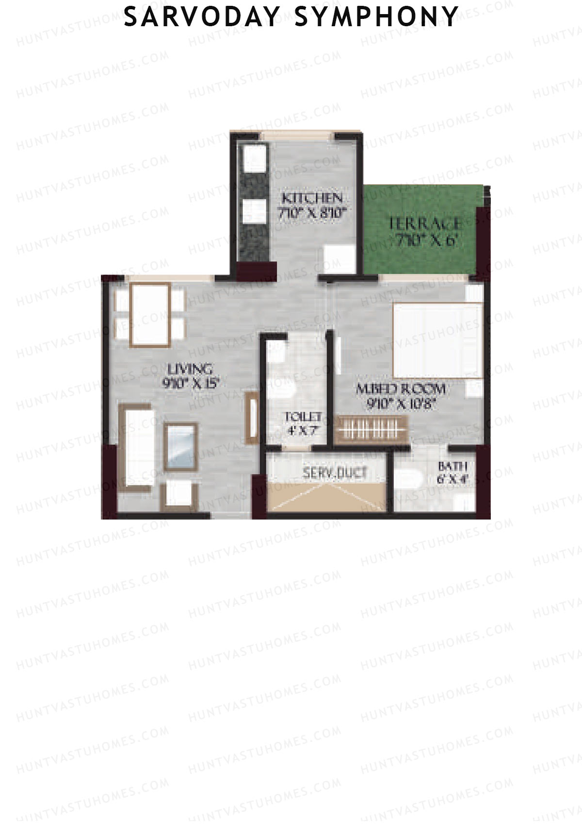 Sarvoday Symphony, Wing A, Unit 7, 1BHK, Carpet Area 386   sq ft 
