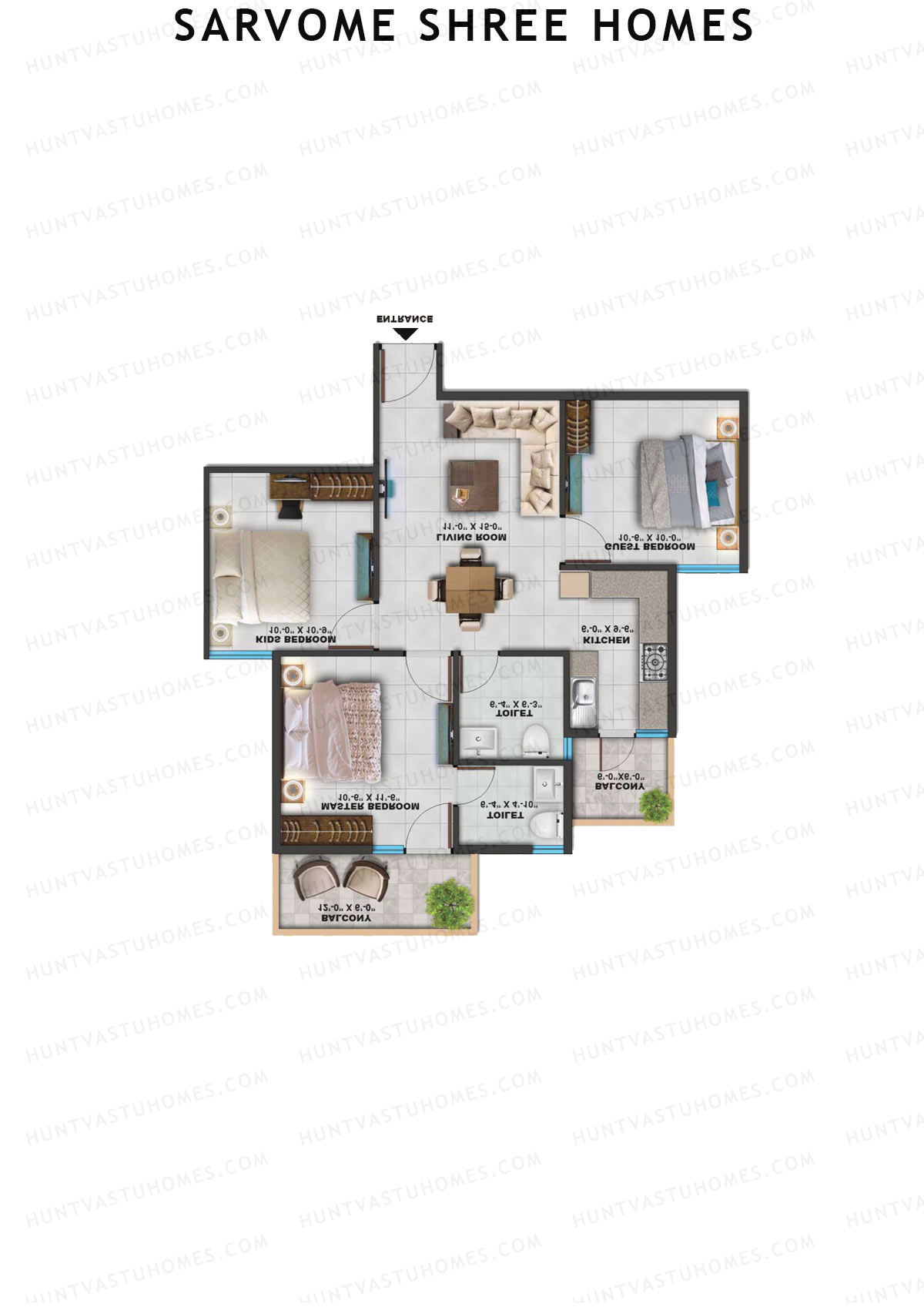 Sarvome Shree Homes, Tower A, Unit 3, 3BHK, Super Area 745   sq ft 