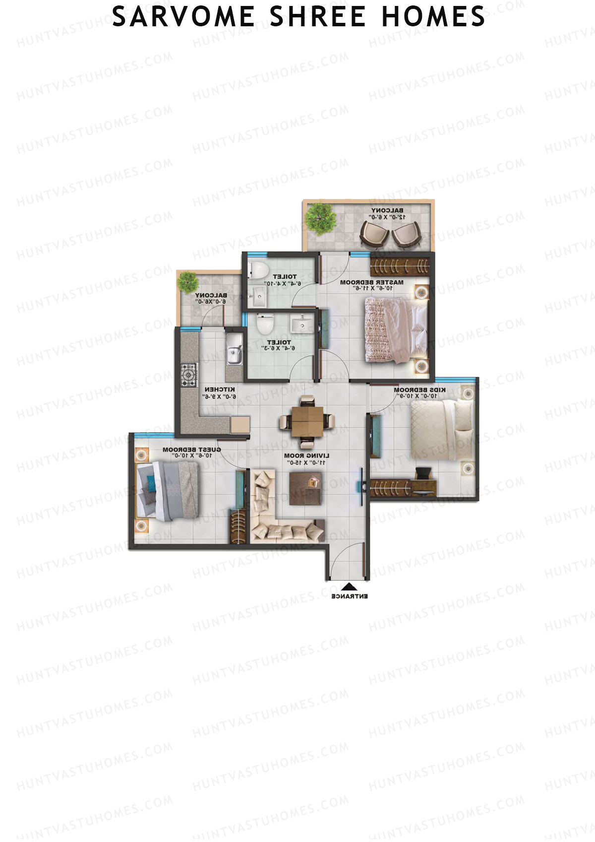 Sarvome Shree Homes, Tower B, Unit 1, 3BHK, Super Area 745   sq ft 