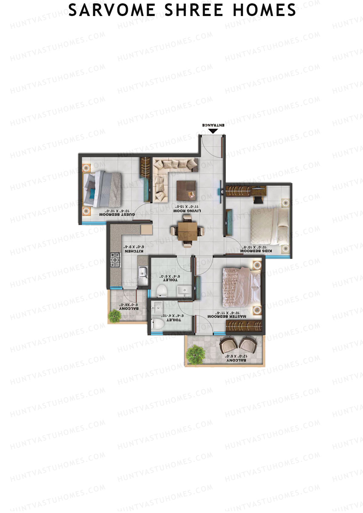 Sarvome Shree Homes, Tower D, Unit 4, 3BHK, Super Area 745   sq ft 