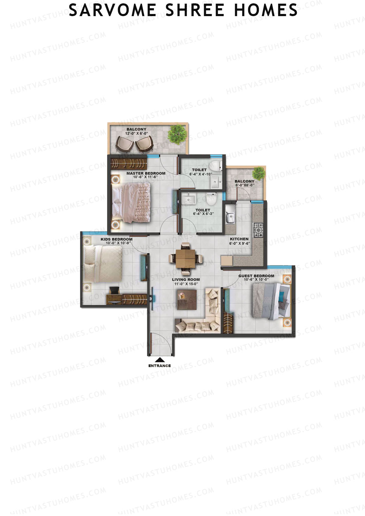 Sarvome Shree Homes, Tower J, Unit 2, 3BHK, Super Area 745   sq ft 