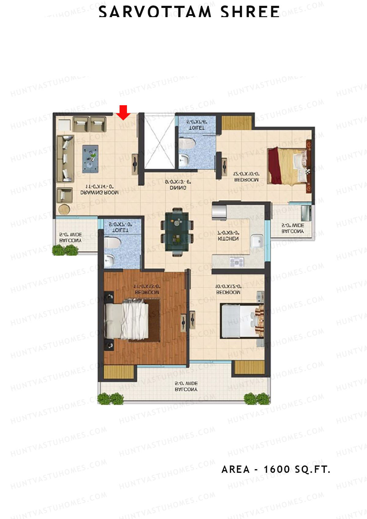 Sarvottam Shree Tower A Unit 3, 5 (Type B) Floor Plan