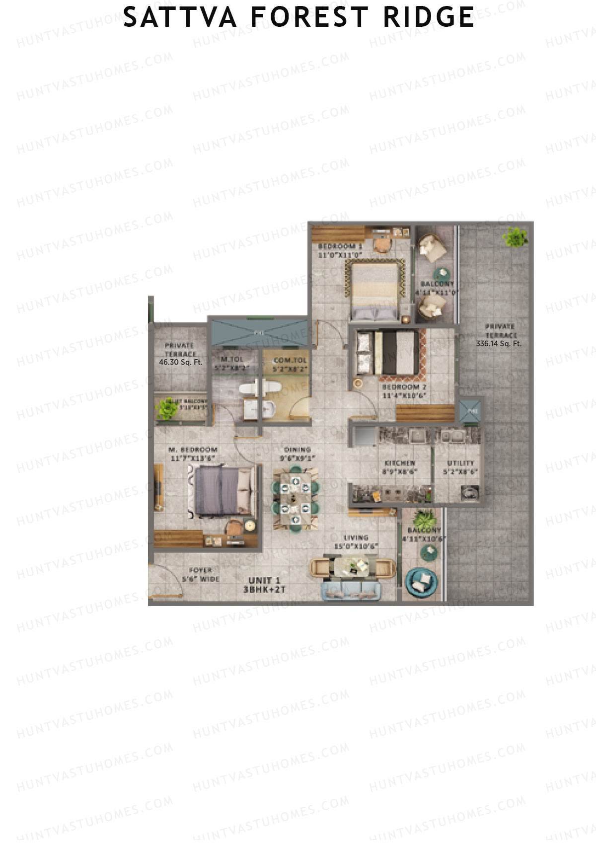 Sattva Forest Ridge Peepal Wing B Unit 1 (Type 2C) Floor Plan