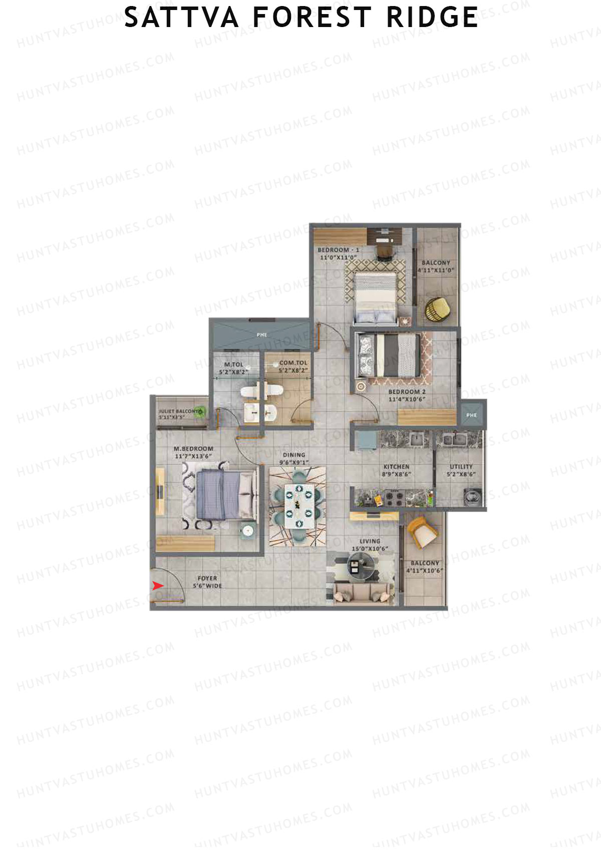 Sattva Forest Ridge Peepal Wing B Unit 1 (Type 2C) Floor Plan