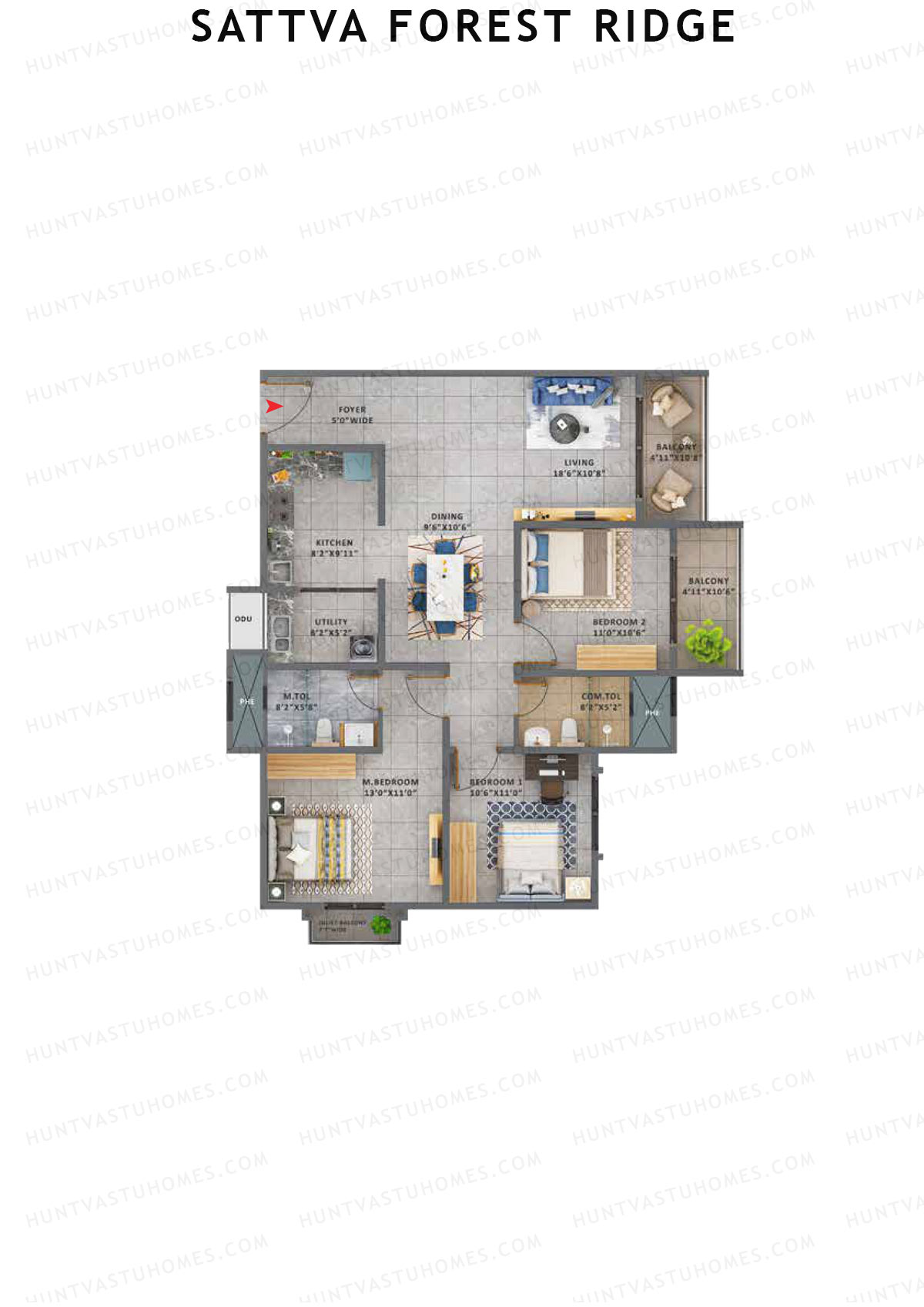 Sattva Forest Ridge Peepal Wing B Unit 2 (Type 2D) Floor Plan