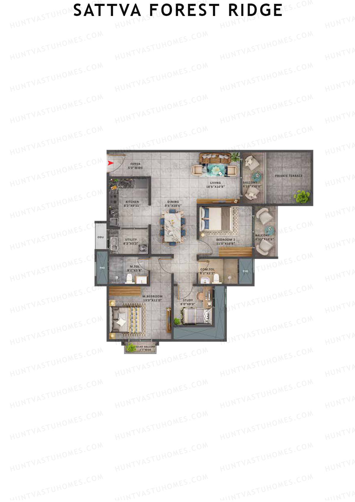 Sattva Forest Ridge Peepal Wing B Unit 2 (Type 3B) Floor Plan