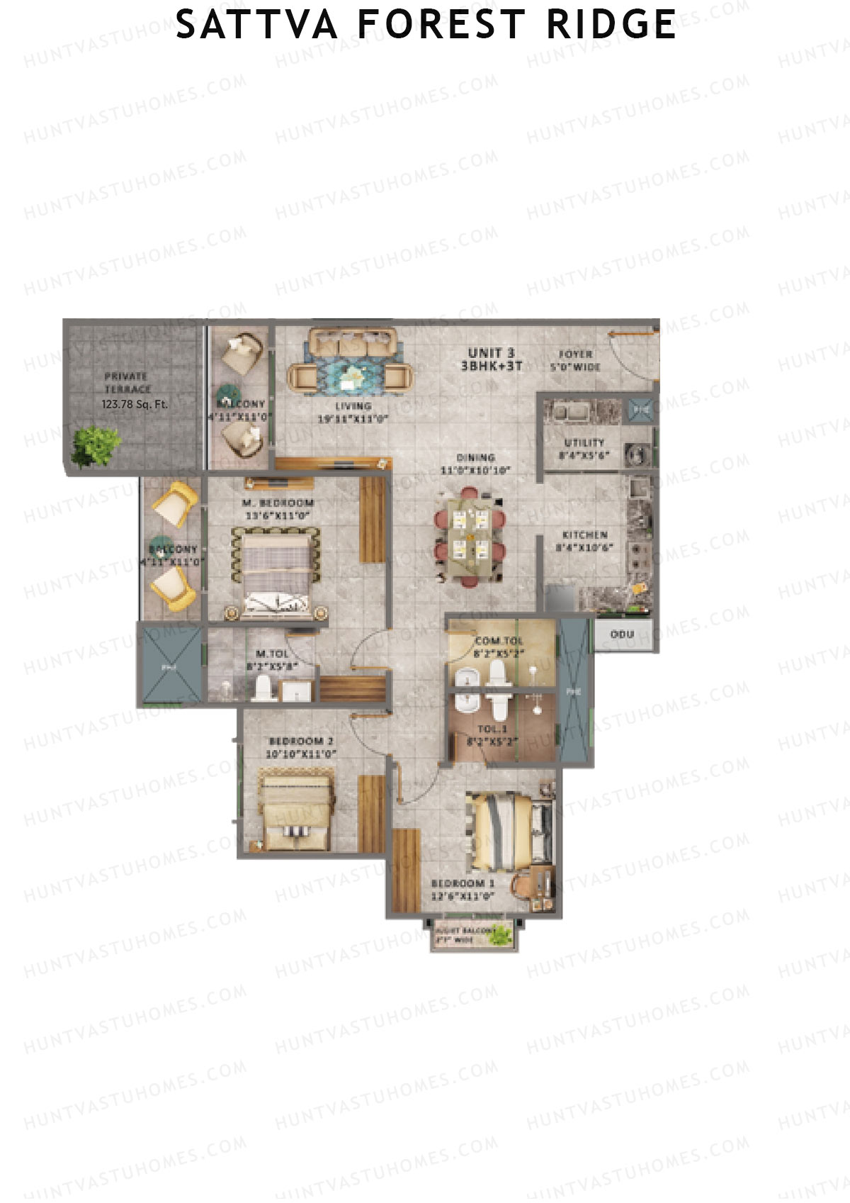 Sattva Forest Ridge Peepal Wing B Unit 3 (Type 1C) Floor Plan