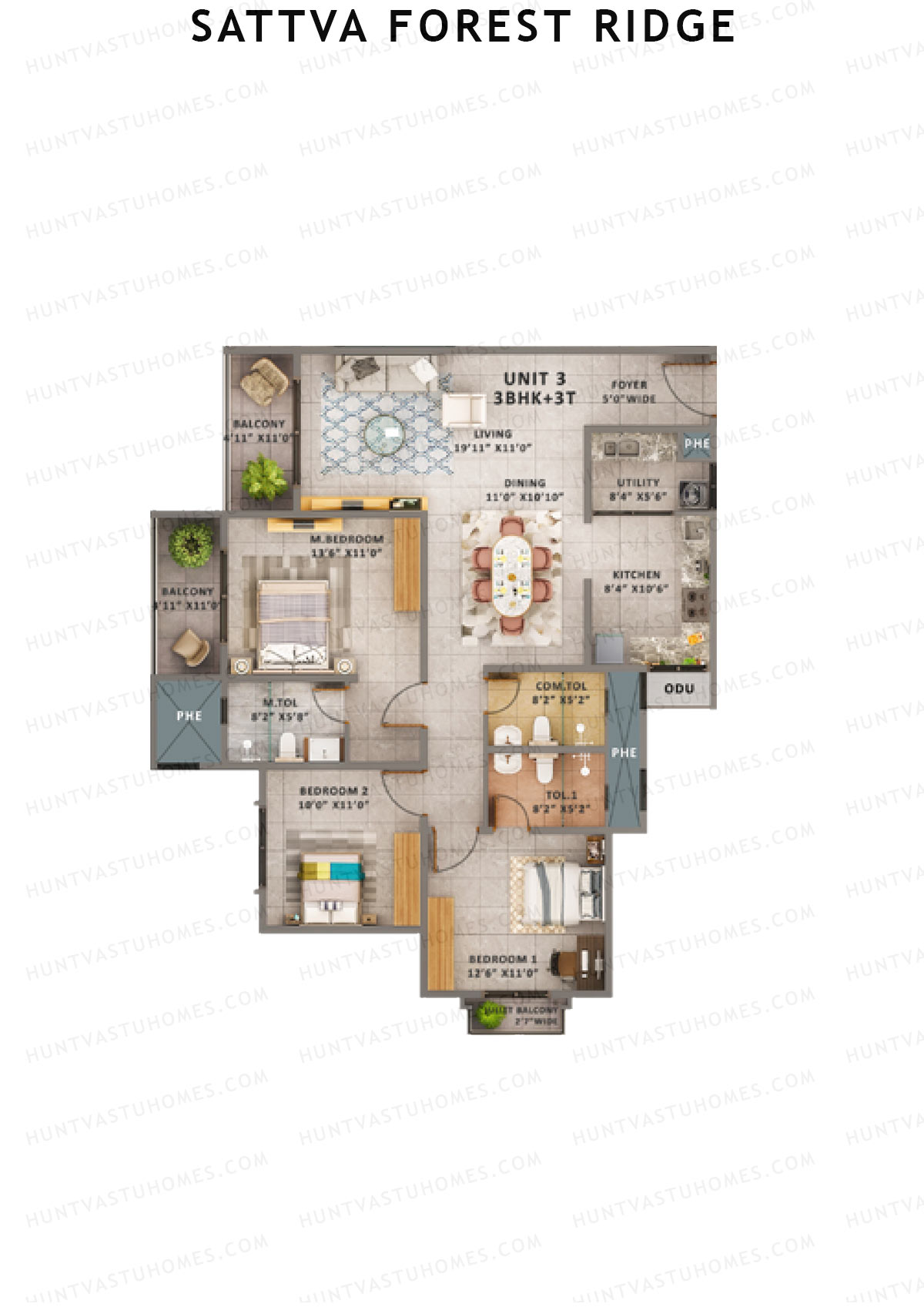Sattva Forest Ridge Peepal Wing B Unit 3 (Type 1C) Floor Plan