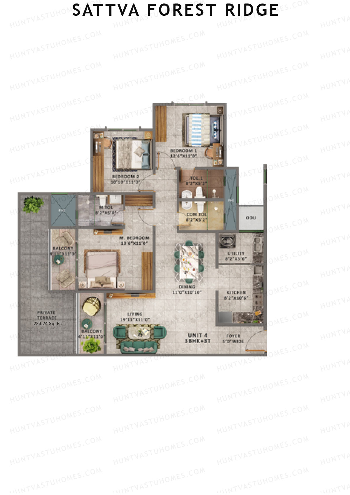 Sattva Forest Ridge Peepal Wing B Unit 4 (Type 1D) Floor Plan