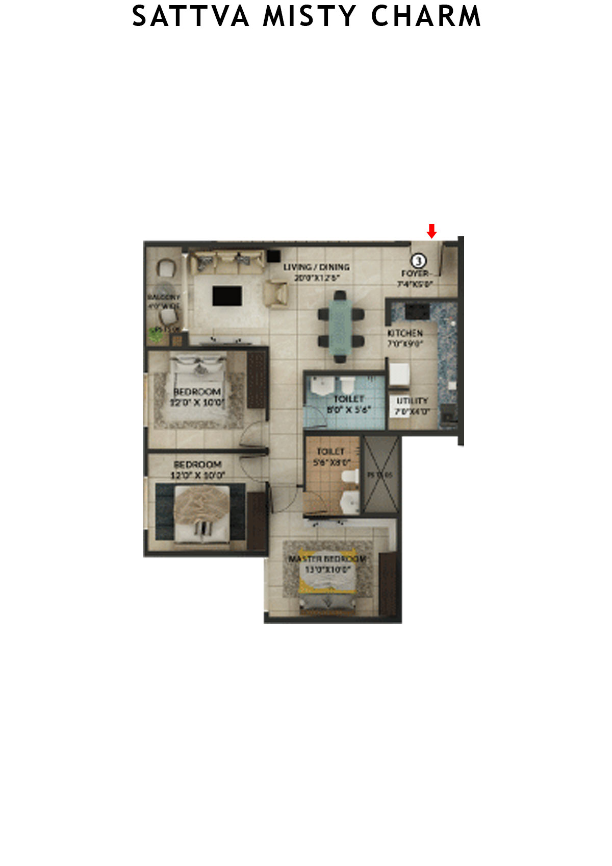 Sattva Misty Charm Tower 9 Unit 3 (Type K) Floor Plan