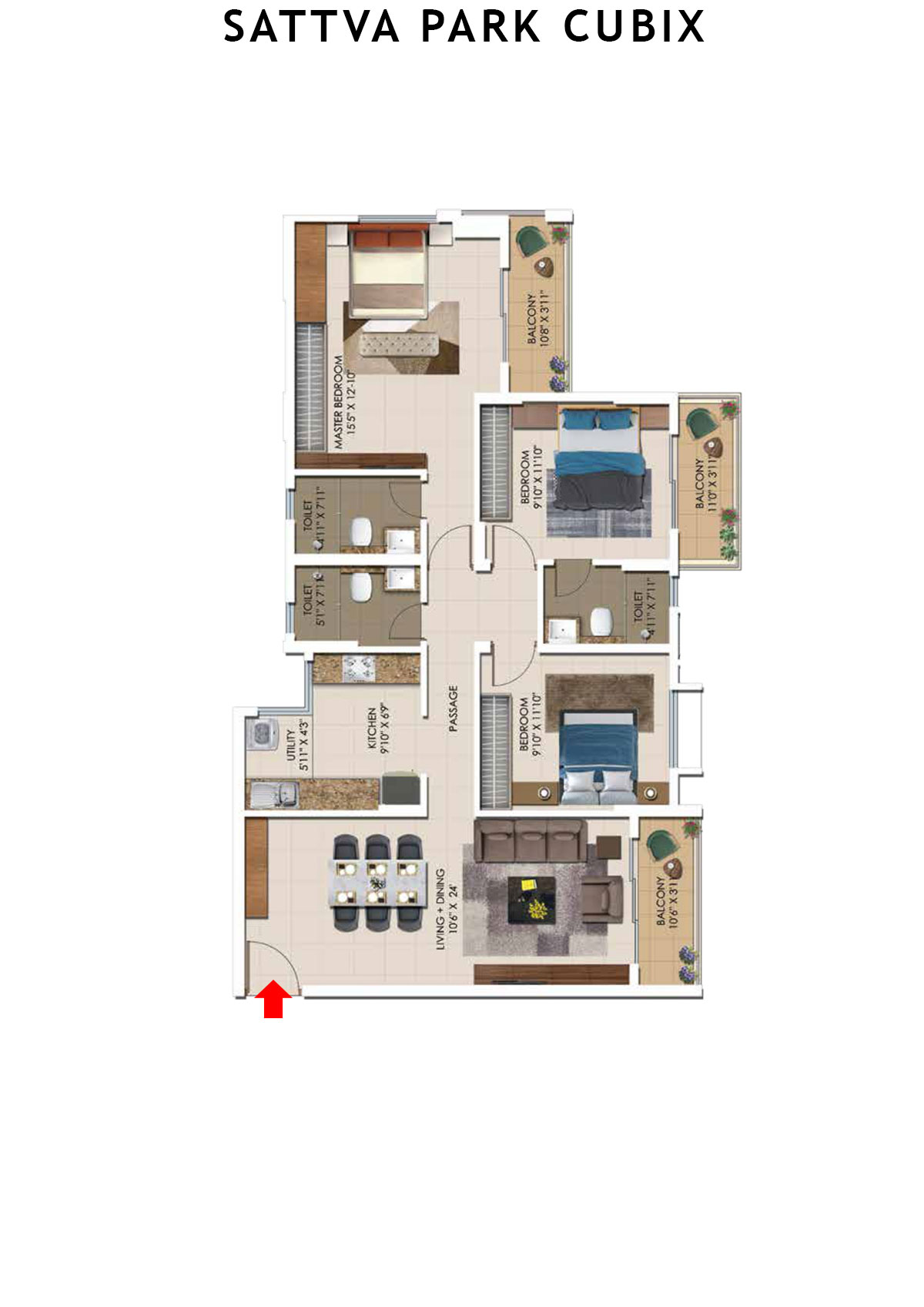 Sattva Park Cubix Tower 10 Unit 4 (Type 1A) Floor Plan