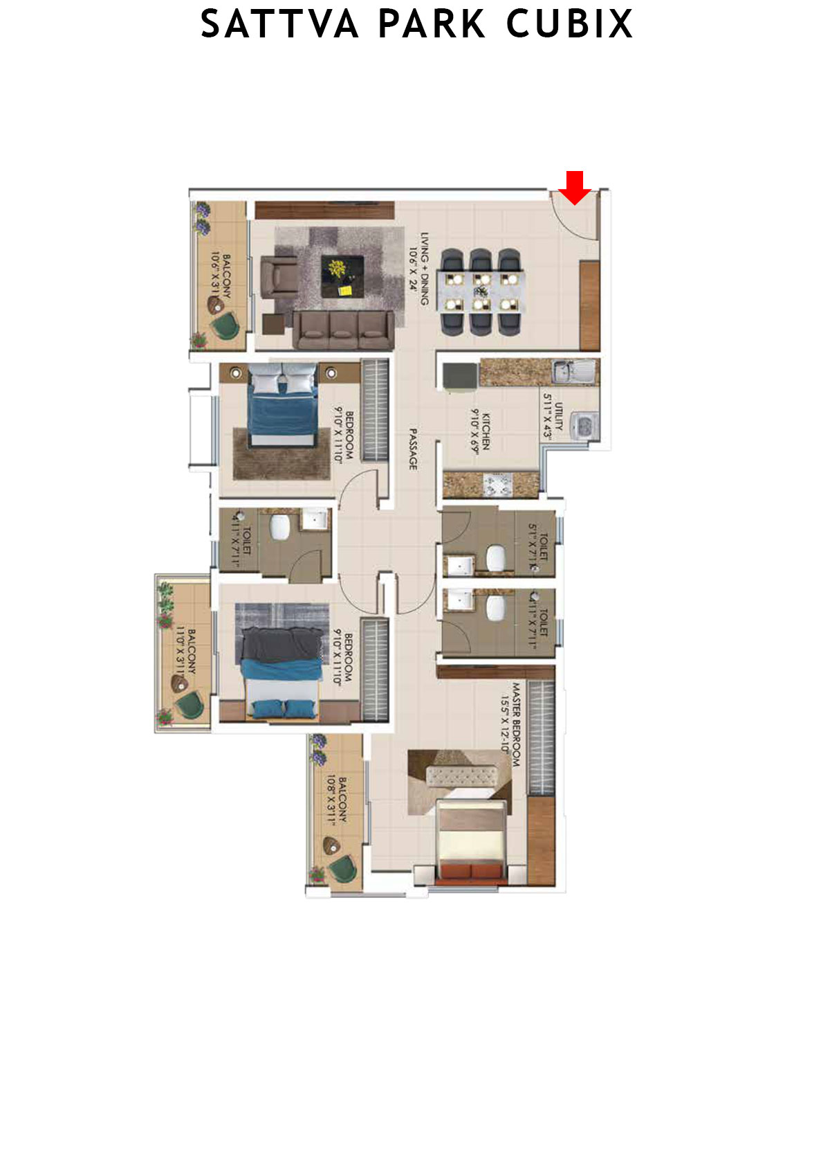 Sattva Park Cubix Tower 1 Unit 4 (Type 1A) Floor Plan