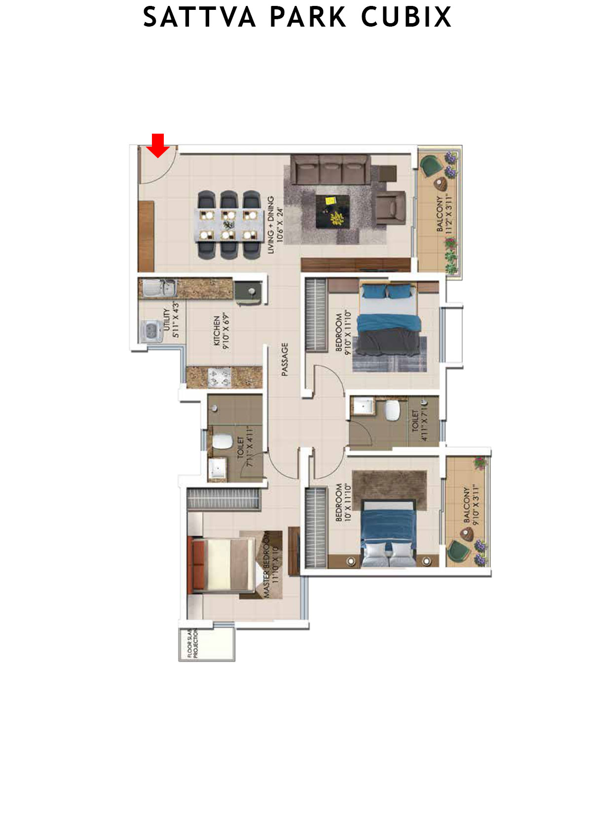 Sattva Park Cubix Tower 3 Unit 1 (Type 3) Floor Plan
