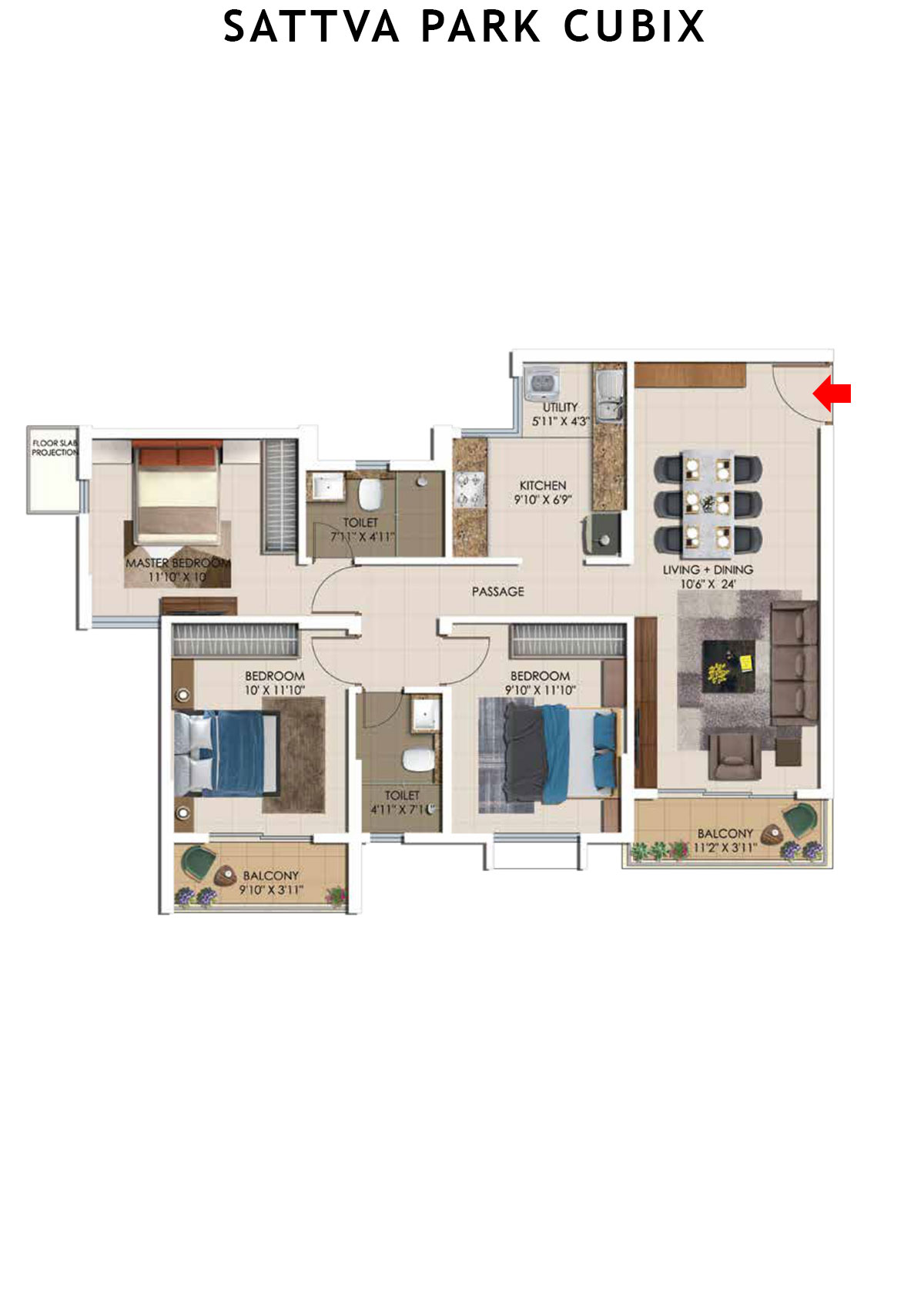 Sattva Park Cubix Tower 4 Unit 1 (Type 3) Floor Plan