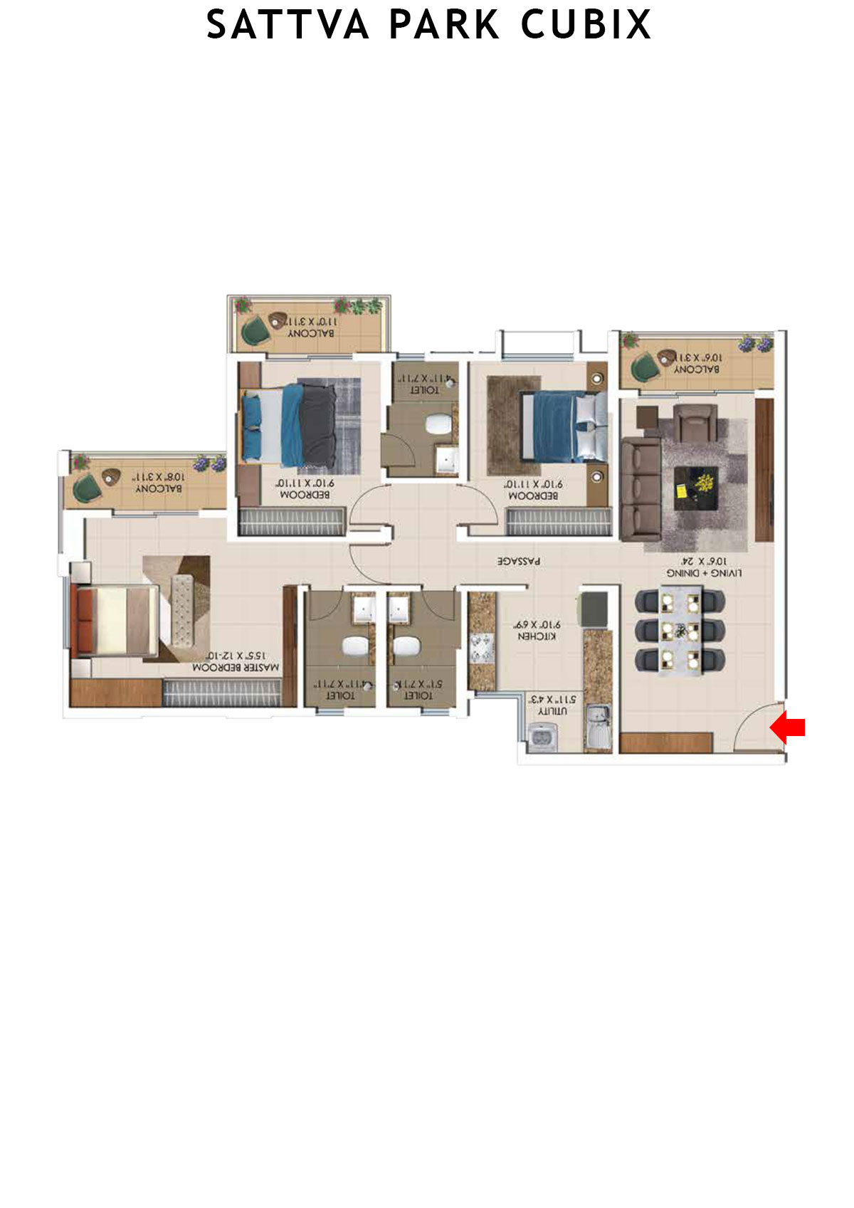 Sattva Park Cubix Tower 6 Unit 4 (Type 1A) Floor Plan