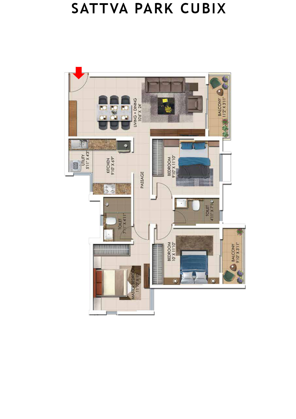 Sattva Park Cubix Tower 8 Unit 4 (Type 3) Floor Plan