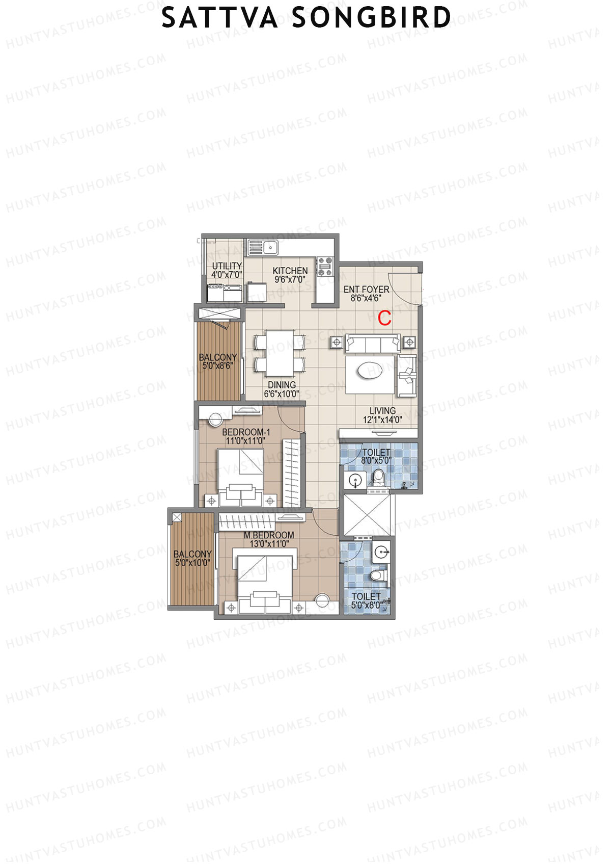 Sattva Songbird Tower 1 Unit 13 (Type C) Floor Plan