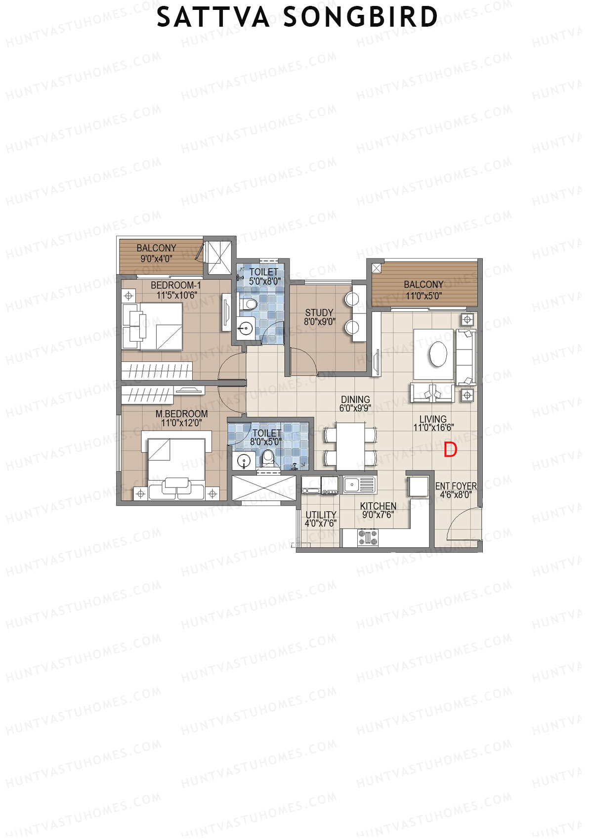 Sattva Songbird Tower 1 Unit 14 (Type D) Floor Plan