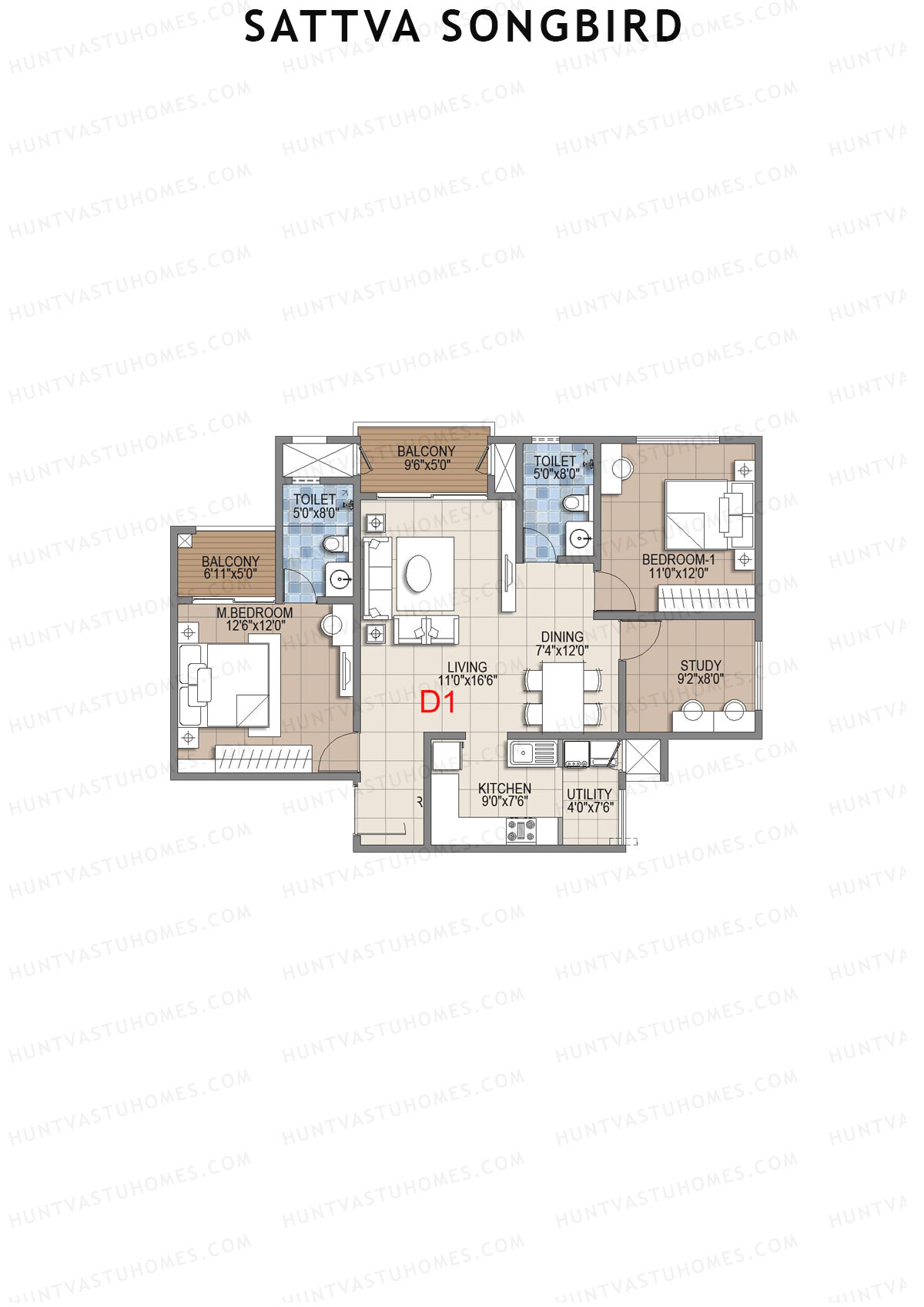 Sattva Songbird Tower 1 Unit 15 (Type D1) Floor Plan
