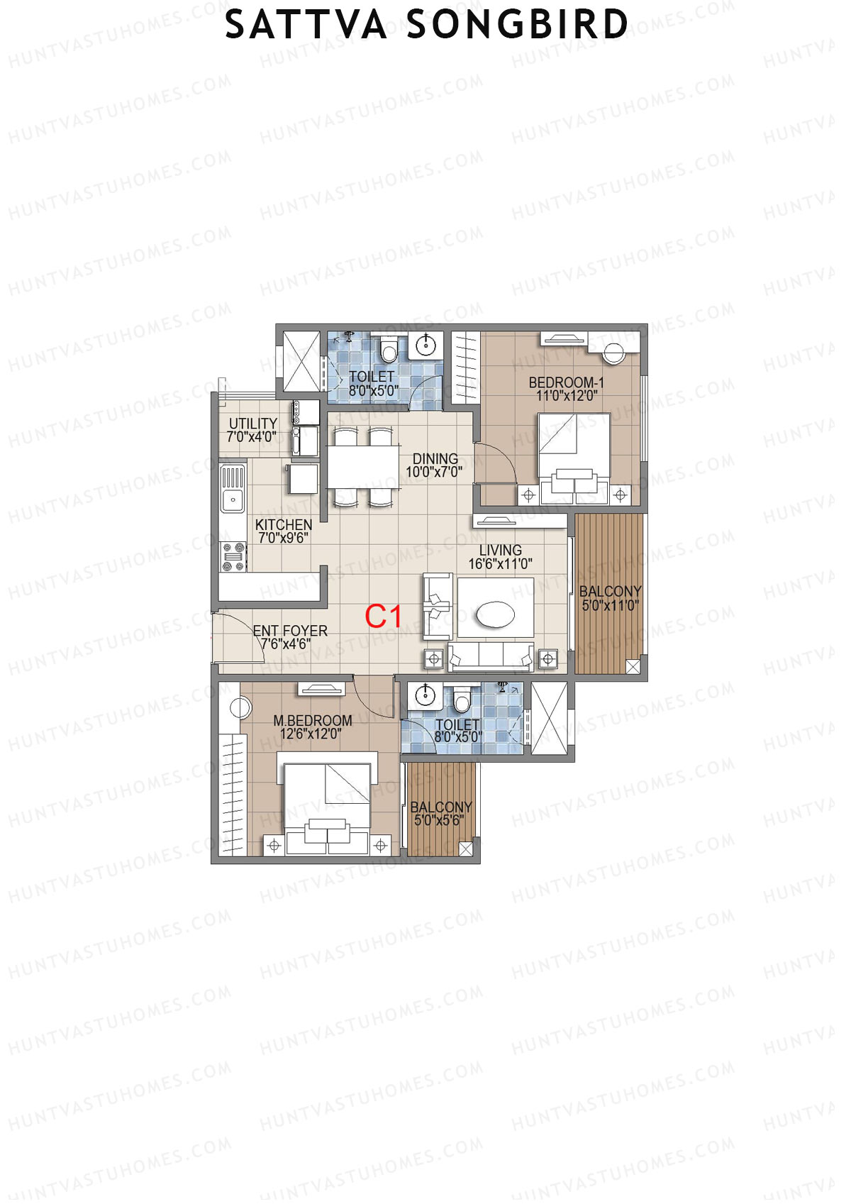 Sattva Songbird Tower 1 Unit 16 (Type C1) Floor Plan