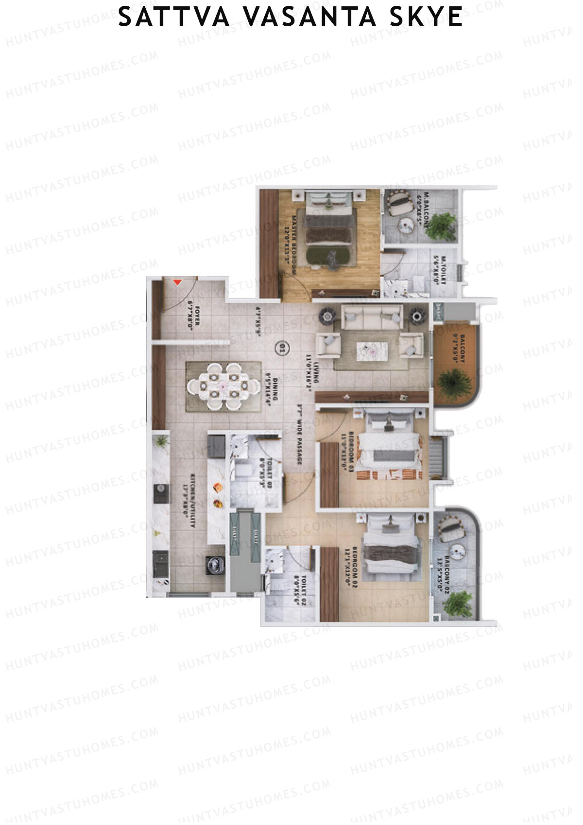 Sattva Vasanta Skye Block A Wing 2 Unit 3 (Type 2) Floor Plan