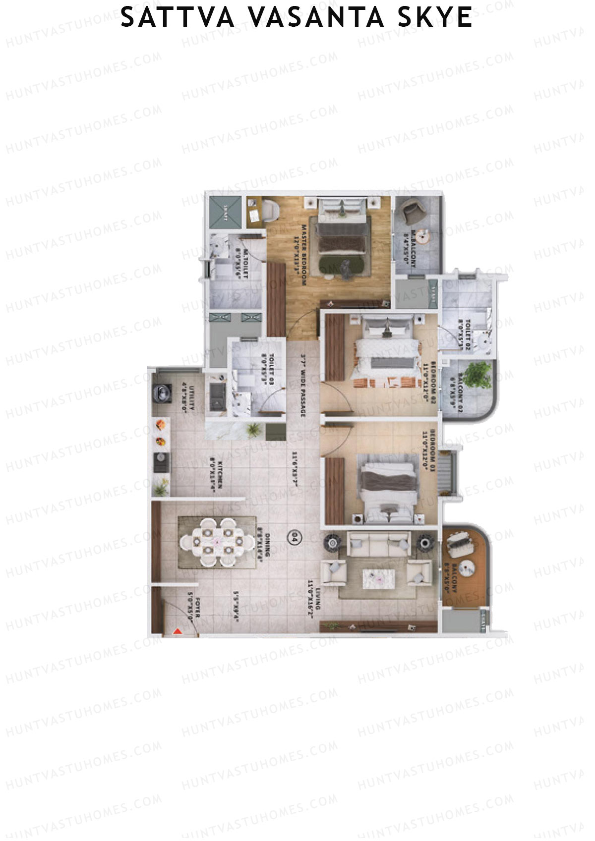 Sattva Vasanta Skye Block A Wing 2 Unit 4 (Type 3) Floor Plan