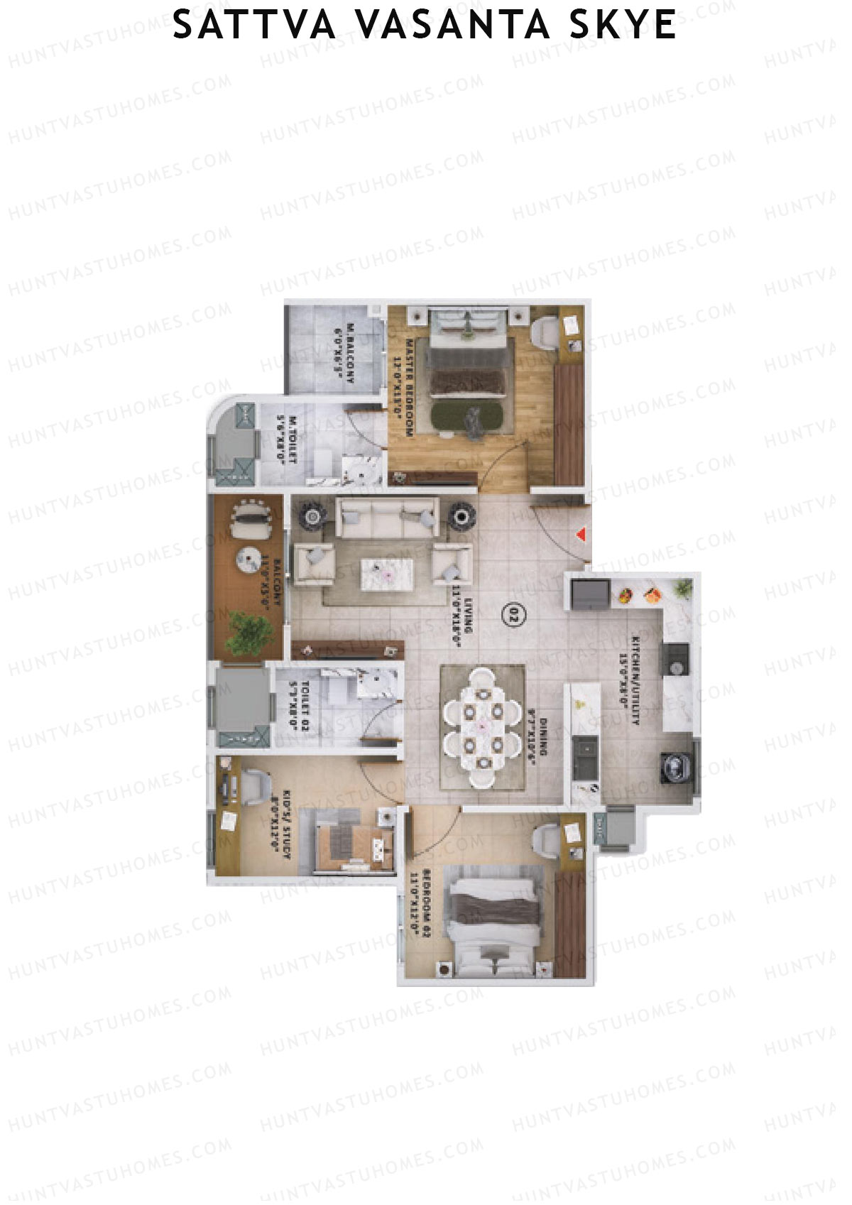 Sattva Vasanta Skye Block A Wing 3 Unit 2 (Type 1) Floor Plan