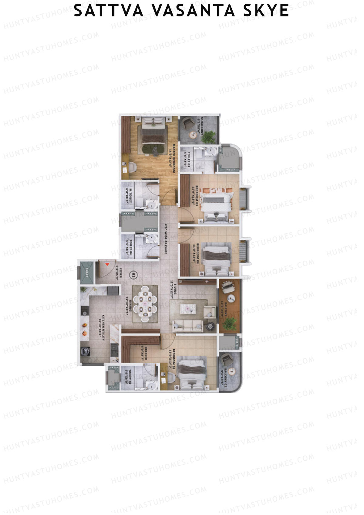 Sattva Vasanta Skye Block B Wing 13 Unit 1 (Type 1A) Floor Plan