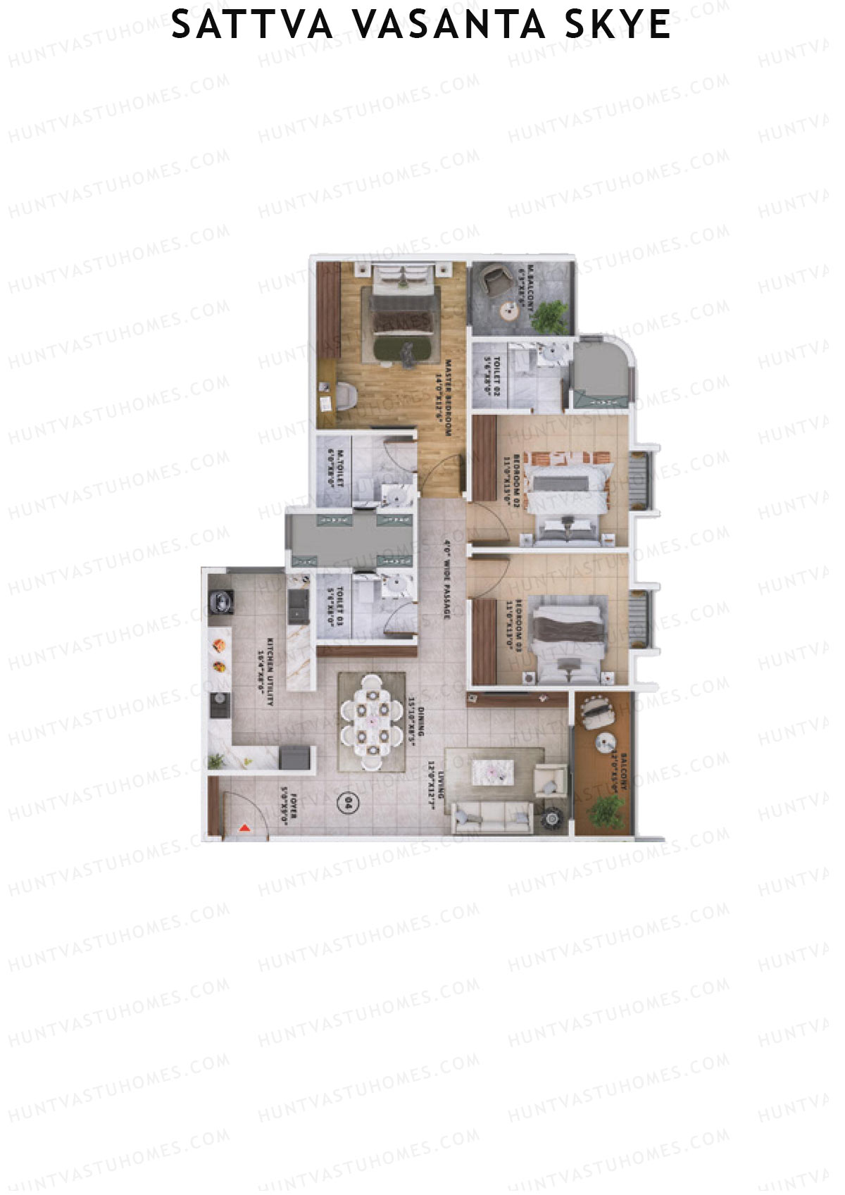 Sattva Vasanta Skye Block B Wing 13 Unit 4 (Type 1) Floor Plan