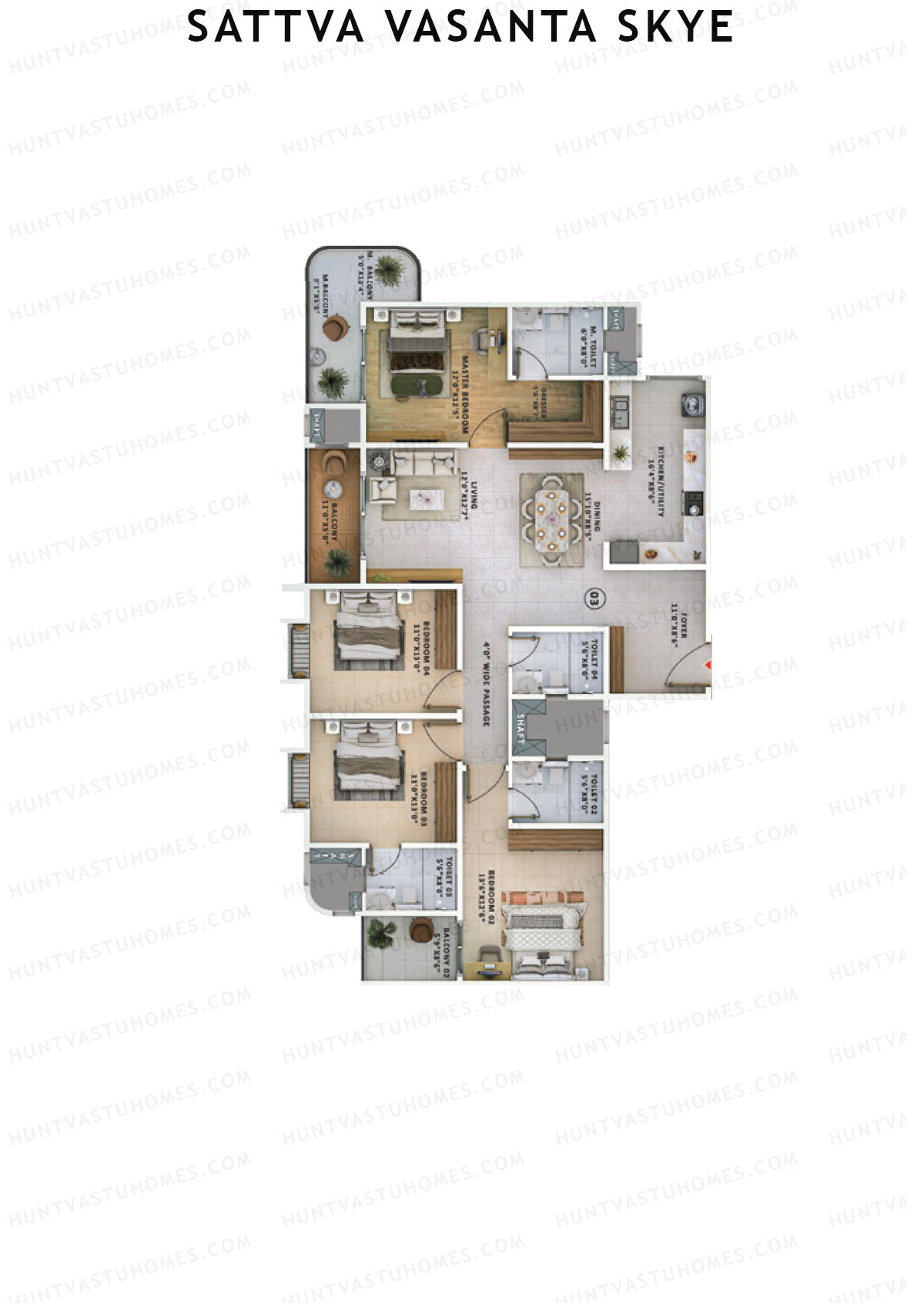 Sattva Vasanta Skye Block C Wing 14 Unit 3 (Type 3) Floor Plan