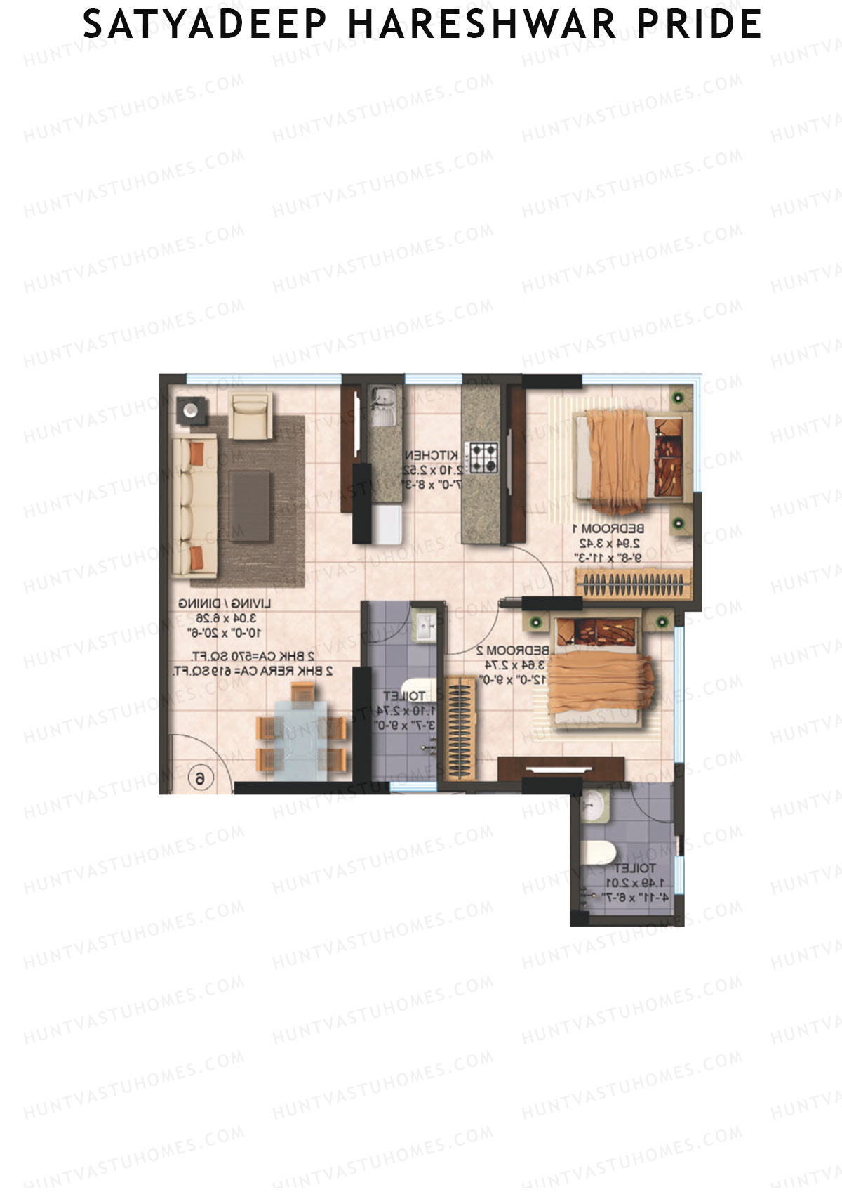 Satyadeep Hareshwar Pride, Tower A, Unit 1, 2BHK, Carpet Area 585   sq ft 