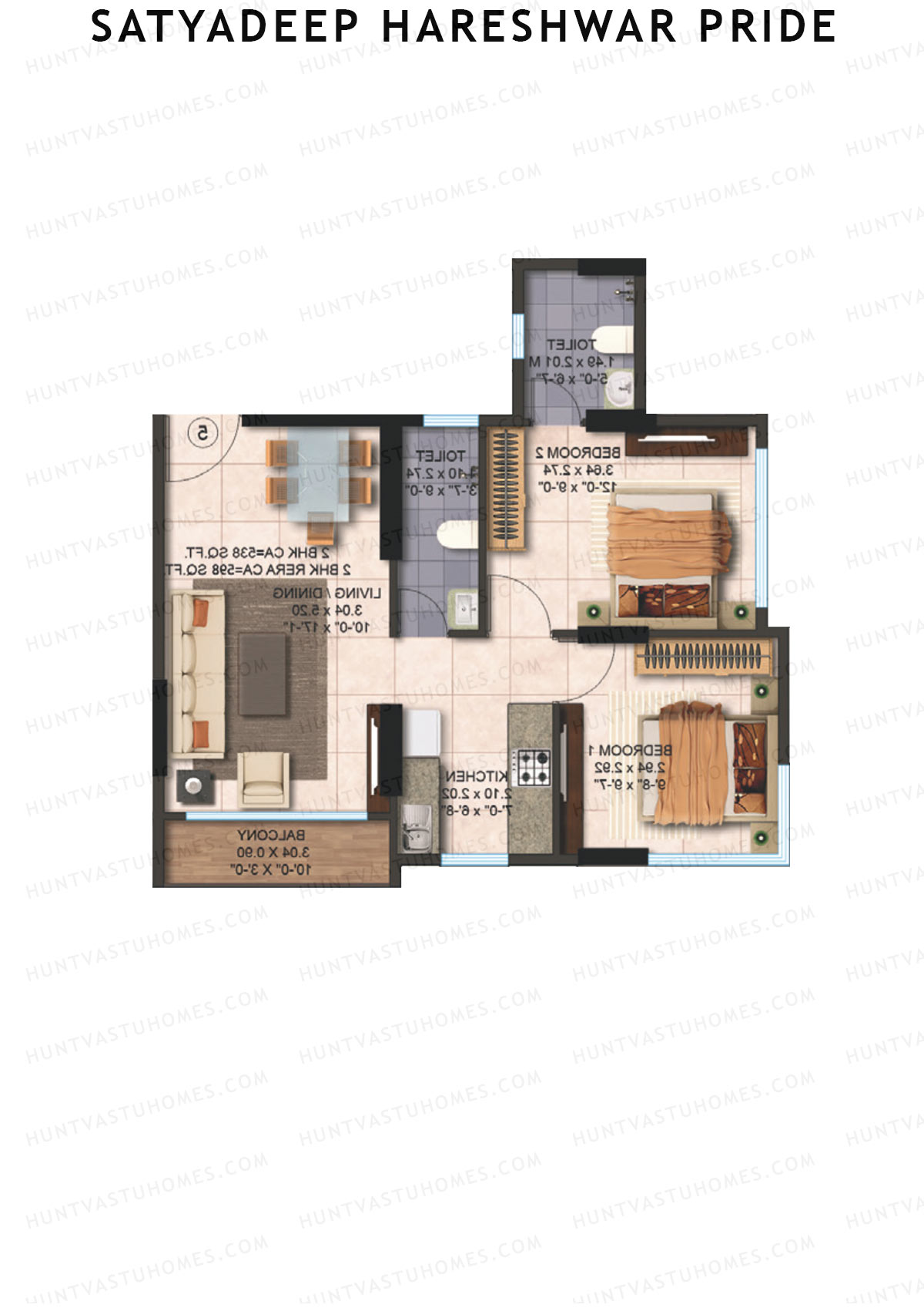 Satyadeep Hareshwar Pride, Tower A, Unit 2, 2BHK, Carpet Area 555   sq ft 