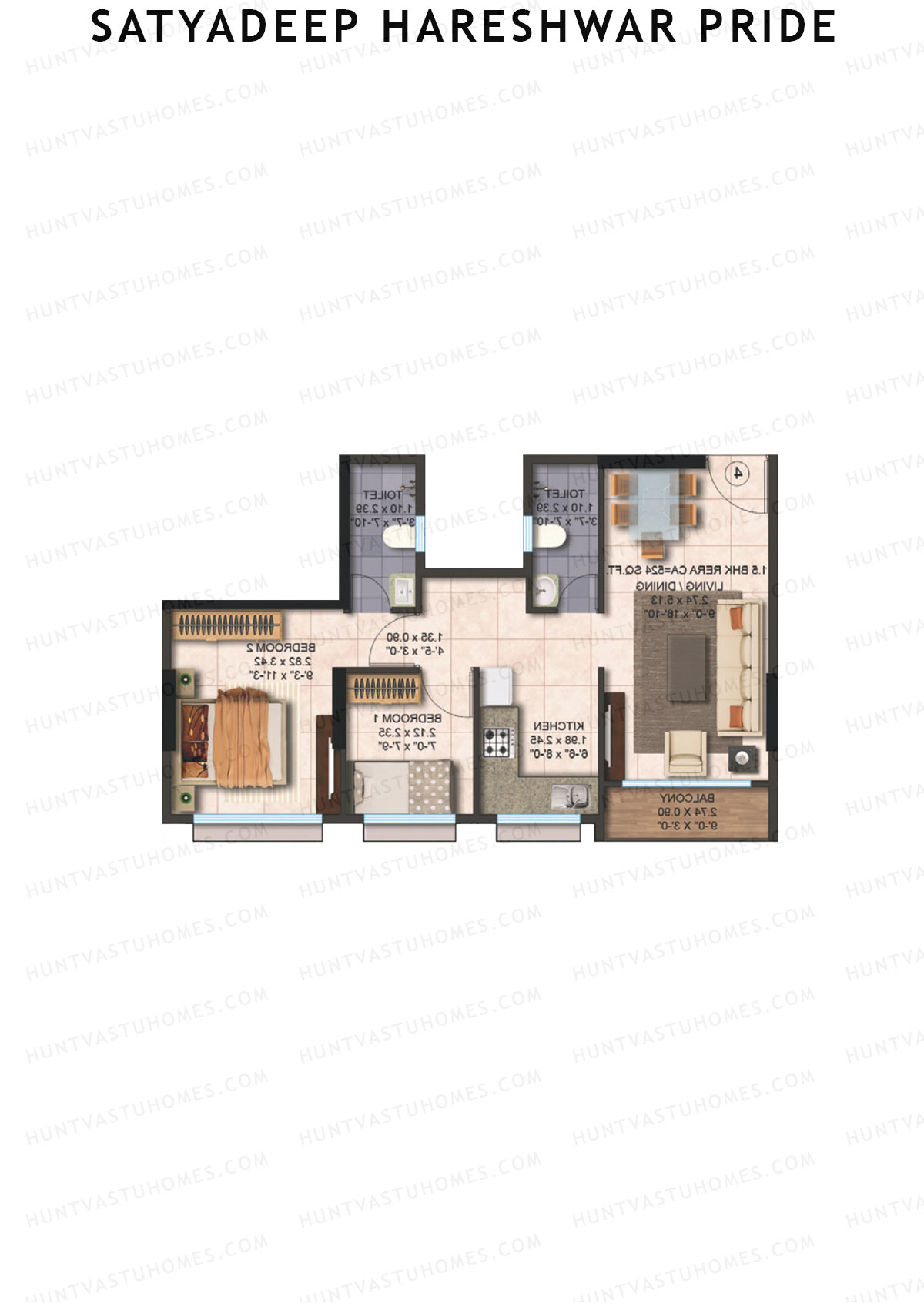 Satyadeep Hareshwar Pride, Tower A, Unit 3, 2BHK, Carpet Area 524   sq ft 