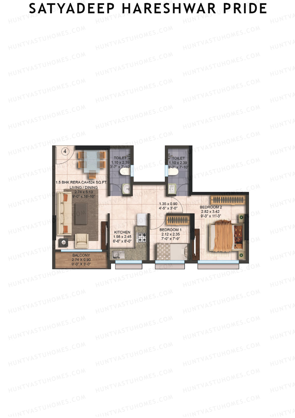 Satyadeep Hareshwar Pride, Tower A, Unit 4, 2BHK, Carpet Area 524   sq ft 
