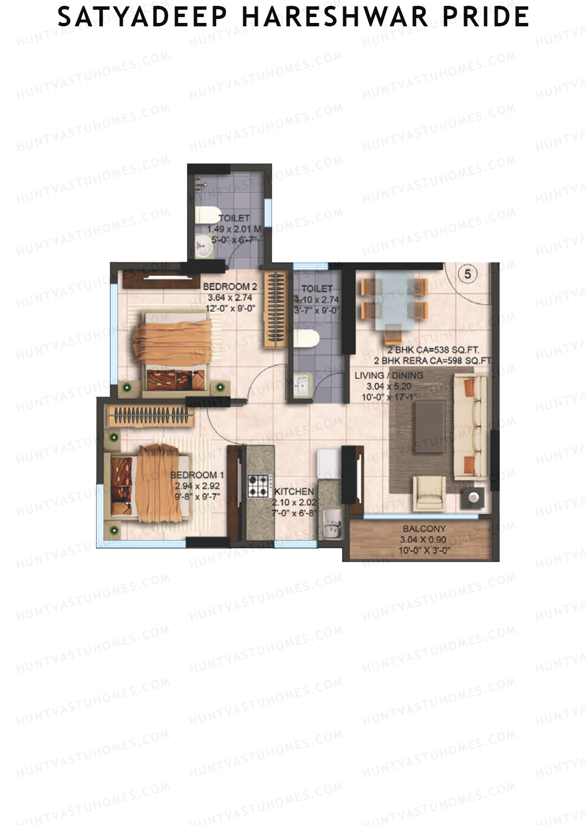 Satyadeep Hareshwar Pride, Tower A, Unit 5, 2BHK, Carpet Area 598   sq ft 