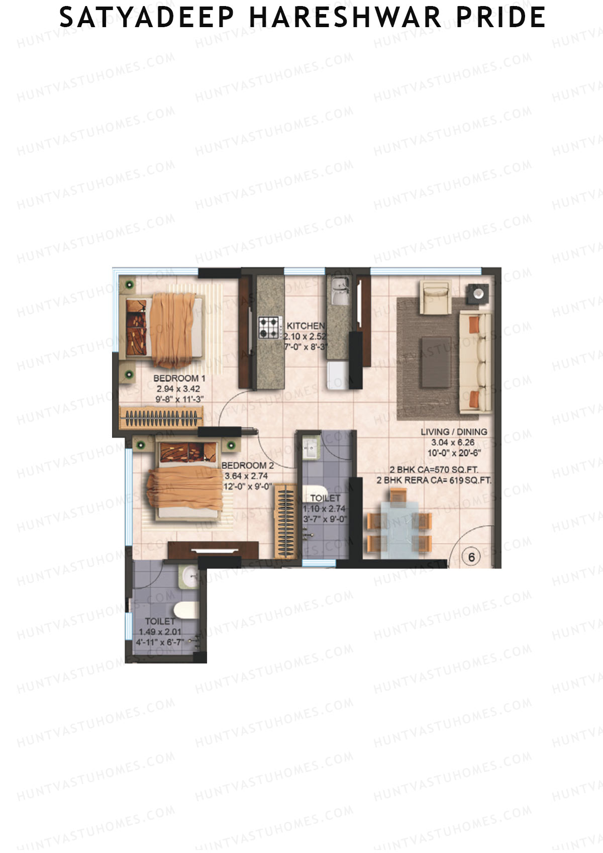 Satyadeep Hareshwar Pride, Tower A, Unit 6, 2BHK, Carpet Area 619   sq ft 